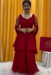 DESIGNER GEORGETTE ZARI THREAD WORK ON SLEEVE TOP PALAZZO WITH DUPATTA RED