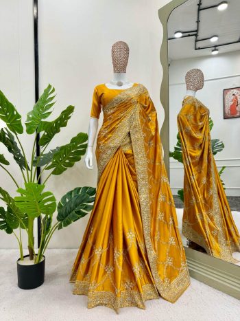 DESIGNER JAPAN SATIN SILK THREAD WITH SEQUENCE WORK SAREE WITH UNSTITCHED BLOUSE YELLOW