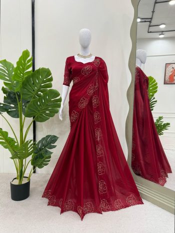 DESIGNER JIMMY CHOO SILK EMBROIDERY HAND WORK SAREE WITH UNSTITCHED BLOUSE MAROON