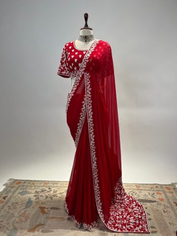 DESIGNER JIMMY CHOO SILK MULTI THREAD EMBROIDERY CODING SEQUENCE WORK SAREE WITH UNSTITCHED BLOUSE RED