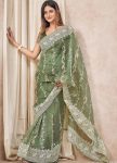 DESIGNER ORGANZA LUCKNOWI COTTON MULTI THREAD WORK WITH COTTON GPO LACE WORK SAREE WITH UNSTITHED BLOUSE PARTY WEAR WHOLESALE PRICE ETHNIC GARMENT (4)