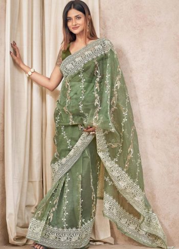 DESIGNER ORGANZA LUCKNOWI COTTON MULTI THREAD WORK WITH COTTON GPO LACE WORK SAREE WITH UNSTITHED BLOUSE GREEN