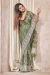 DESIGNER ORGANZA LUCKNOWI COTTON MULTI THREAD WORK WITH COTTON GPO LACE WORK SAREE WITH UNSTITHED BLOUSE PARTY WEAR WHOLESALE PRICE ETHNIC GARMENT (4)