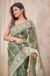 DESIGNER ORGANZA LUCKNOWI COTTON MULTI THREAD WORK WITH COTTON GPO LACE WORK SAREE WITH UNSTITHED BLOUSE PARTY WEAR WHOLESALE PRICE ETHNIC GARMENT (4)