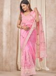 DESIGNER ORGANZA LUCKNOWI COTTON MULTI THREAD WORK WITH COTTON GPO LACE WORK SAREE WITH UNSTITHED BLOUSE BABY PINK