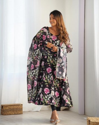 DESIGNER ORGANZA PRINTED EMBBROIDERY SEQUENCE WORK GOWN BOTTOM WIH DUPATTA BLACK