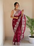 DESIGNER ORGANZA SILVER ZARI EMBROIDERY WORK WITH BUTTI AND HANDMADE SEQUENCE CUT DANA BORDER WORK SAREE WITH UNSTITCHED BLOUSE  MAROON
