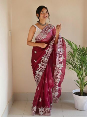 DESIGNER ORGANZA SILVER ZARI EMBROIDERY WORK WITH BUTTI AND HANDMADE SEQUENCE CUT DANA BORDER WORK SAREE WITH UNSTITCHED BLOUSE  MAROON