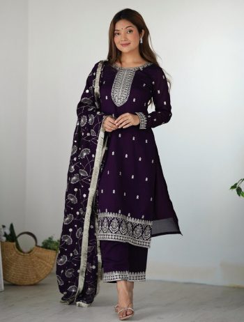 DESIGNER RANGOLI SILK EMBROIDERY SEQUENCE AND JARI WORK  TOP BOTTOM WITH DUPATTA PURPLE