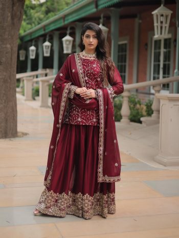 ESIGNER RANGOLI SILK SEQUENCE AND THREAD EMBROIDERY WORK TOP PALAZZO WITH DUPATTA MAROON