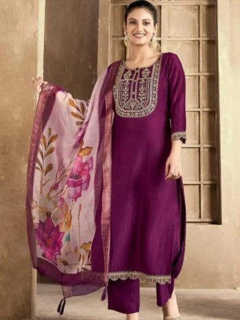 DESIGNER RAYON SLUB EMBROIDERY WORK TOP BOTTOM WITH DUPATTA  WINE