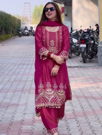 DESIGNER ROMAN SHIMMER SILK EMBROIDERY SEQUENCE WITH PEARL MOTI  AND FANCY LACE WORK TOP BOTTOM WITH DUPATTA RANI