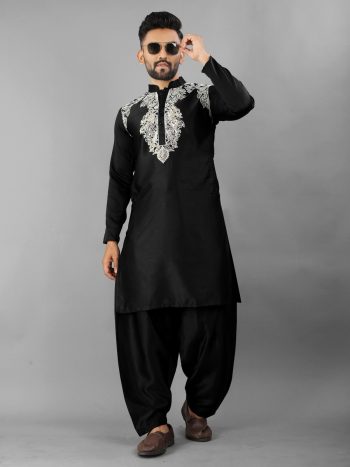 DESIGNER SATIN SILK EMBROIDERY WORK MEN'S KURTA WITH PATHANI PAYJAMA BLACK
