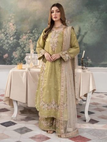 DESIGNER SEQUENCE AND ZARI EMBROIDERY WITH PEARL AND DIAMOND HANDWORK TOP PALAZZO WITH DUPATTA PISTA