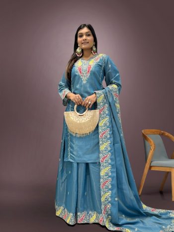 DESIGNER SHIMMER SILK EMBROIDERY SEQUENCE WORK TOP PALAZZO WITH DUPATTA SKY