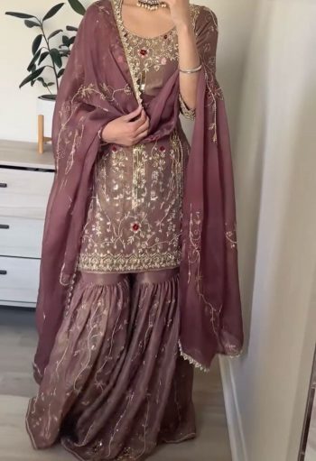 DESIGNER SHIMMER SILK EMBROIDERY SEQUENCE WORK TOP SHARARA WITH DUPATTA PINK