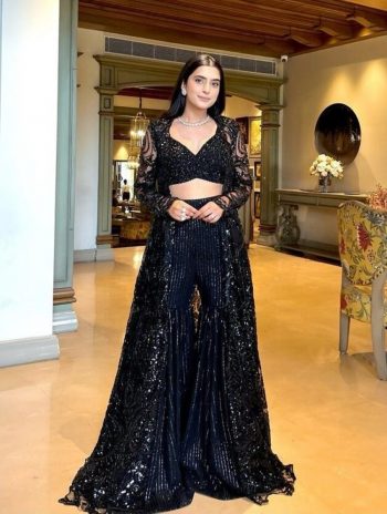 DESIGNER SOFT BUTTERFLY NET  THREAD SEQUENCE WORK SHARARA SHRUG WITH UNSTITCHED BLOUSE BLACK