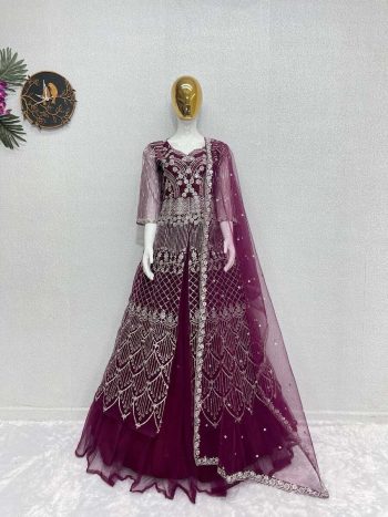 DESIGNER SOFT NET EMBROIDERY SEQUENCE WORK   TOP LEHENGA WITH DUPATTA MAROON