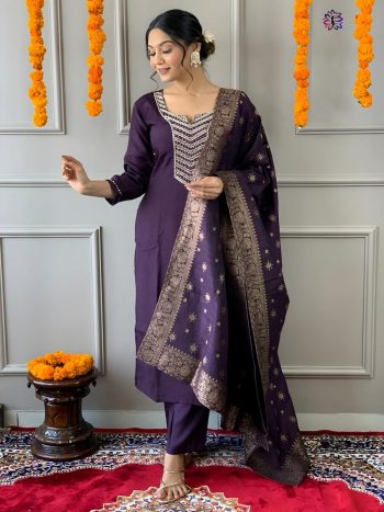 DESIGNER VISCOSE CHANDERI BEADS WITH HAND WORK TOP BOTTOM WITH DUPATTA WINE