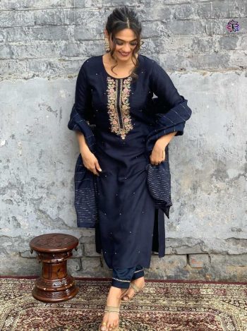 DESIGNER VISCOSE CHANDERI EMBROIDERY WORK TOP BOTTOM WITH DUPATTA  NAVY BLUE