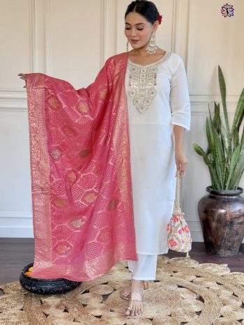 DESIGNER VISCOSE CHANDERI EMBROIDERY WORK TOP BOTTOM WITH DUPATTA  WHITE