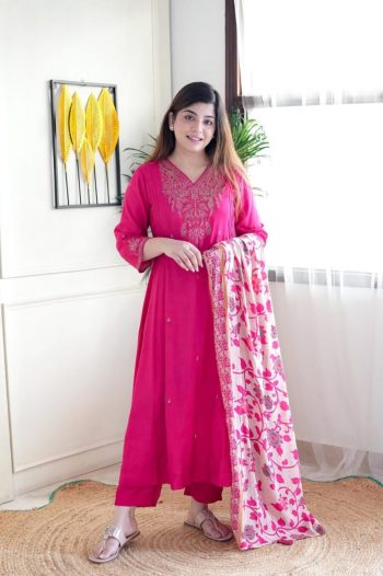 DESIGNER VISCOSE CHANDERI SILK EMBROIDERY WORK TOP BOTTOM WITH DUPATTA PINK