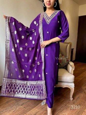 DESIGNER VISCOSE CHANDERI SILK HAND EMBROIDERY AND ZARI WEAVING WORK TOP BOTTOM WITH DUPATTA  PURPLE