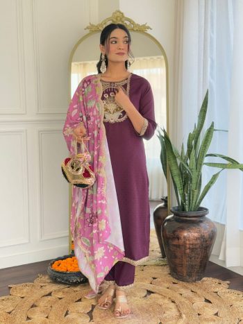 DESIGNER VISCOSE RAYON SEQUENCE CODING EMBROIDERY WORK  TOP BOTTOM WITH DUPATTA  WINE