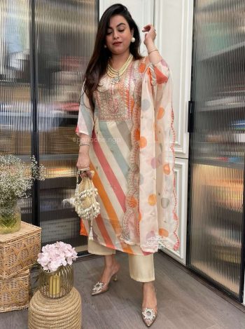 DESIGNER CHINON SILK EMBROIDERY LINING WORK TOP BOTTOM WITH DUPATTA MULTI