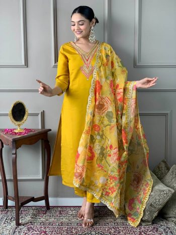 FANCY CHANDERI SILK SEQUENCE EMBROIDERY CODING WORK TOP BOTTOM WITH DUPATTA YELLOW