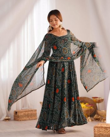 FANCY CHIFFON BANDHEJ PRINTED LACE WORK GOWN BOTTOM WITH DUPATTA GREEN
