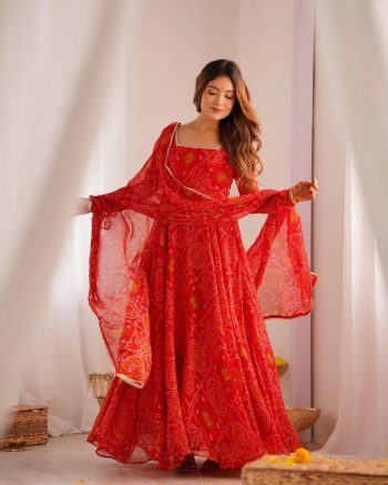 FANCY CHIFFON BANDHEJ PRINTED LACE WORK GOWN BOTTOM WITH DUPATTA RED