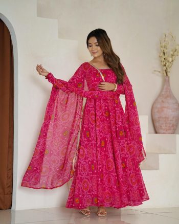 FANCY CHIFFON BANDHEJ PRINTED LACE WORK GOWN BOTTOM WITH DUPATTA RANI