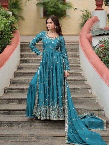 FANCY CHINON SEQUENCE EMBROIDERY WORK NAYRA CUT KURTI SHARARA WITH DUPATTA SKY