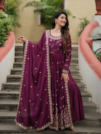 FANCY CHINON SEQUENCE EMBROIDERY WORK NAYRA CUT KURTI SHARARA WITH DUPATTA WINE