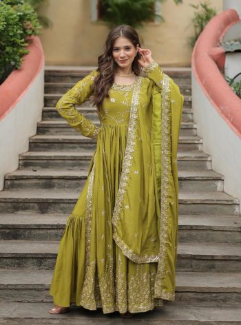 FANCY CHINON SEQUENCE EMBROIDERY WORK NAYRA CUT KURTI SHARARA WITH DUPATTA MEHNDI