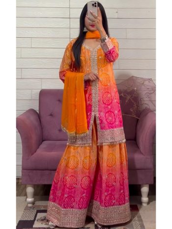 FANCY CHINON EMBROIDERY CODING SEQUENCE WORK TOP PALAZZO WITH DUPATTA ORANGE