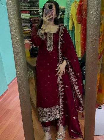 FANCY CHINON EMBROIDERY SEQUENCE WORK TOP BOTTOM WITH DUPATTA MAROON