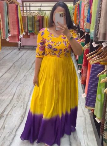 FANCY CHINON EMBROIDERY THREAD AND SEQUENCE WORK GOWN YELLOW