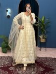 FANCY CHINON EMBROIDERY WORK  WITH FANCY LACE  WORK GOWN BOTTOM WITH DUPATTA  WHITE