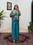 FANCY CHINON EMBROIDERY MOTI LACE WORK BLOUSE KOTI WITH PALAZZO SKY