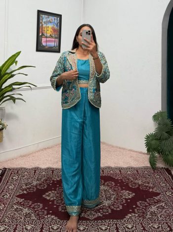 FANCY CHINON EMBROIDERY MOTI LACE WORK BLOUSE KOTI WITH PALAZZO SKY