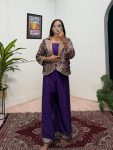 FANCY CHINON EMBROIDERY MOTI LACE WORK BLOUSE KOTI WITH PALAZZO PURPLE