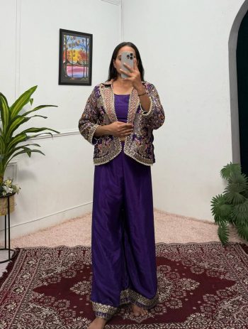 FANCY CHINON EMBROIDERY MOTI LACE WORK BLOUSE KOTI WITH PALAZZO PURPLE
