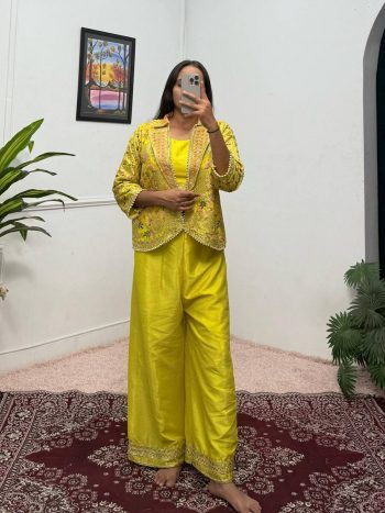 FANCY CHINON EMBROIDERY MOTI LACE WORK BLOUSE KOTI WITH PALAZZO LEMON