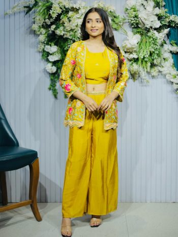 FANCY CHINON FLORAL EMBROIDERY WORK PALAZZO BLOUSE WITH KOTI YELLOW