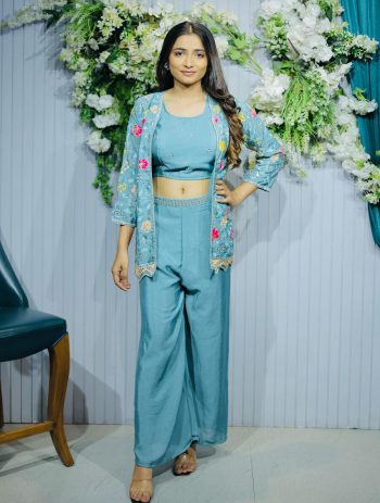 FANCY CHINON FLORAL EMBROIDERY WORK PALAZZO BLOUSE WITH KOTI SKY