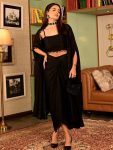 FANCY CHINON HANGING LACE WORK TUBE TOP DRAPED SKIRT WITH SHRUG  BLACK