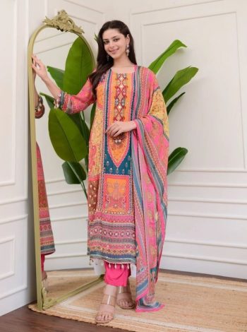 FANCY CHINON  PRINTED MOTI LACE WORK TOP BOTTOM WITH DUPATTA PINK