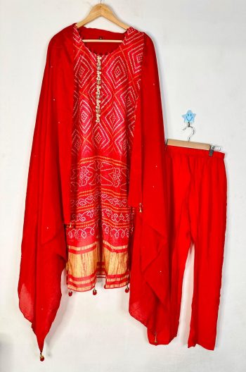 FANCY CHINON SILK BANDHNI PRINTED SEQUENCE LATKAN WORK TOP BOTTOM WITH DUPATTA RED